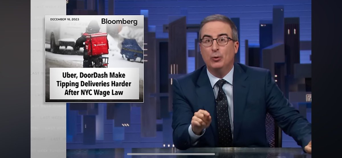 My piece on the changes food delivery apps made after NYC’s min. wage law was cited in the latest @LastWeekTonight! Timely episode on their biz models and upcoming regulatory fights. It is on YouTube but VPN is needed to watch bc it’s blocked in the US youtu.be/VOhHKYRXXhs?si…