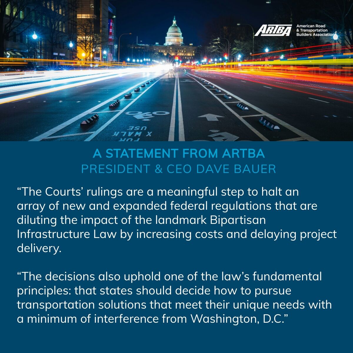 Federal Courts in both TX and KY have now ruled that FHWA lacks the statutory authority to impose a Biden administration greenhouse gas (GHG) performance mandate on state transportation departments. ARTBA CEO Dave Bauer issued the following statement:
