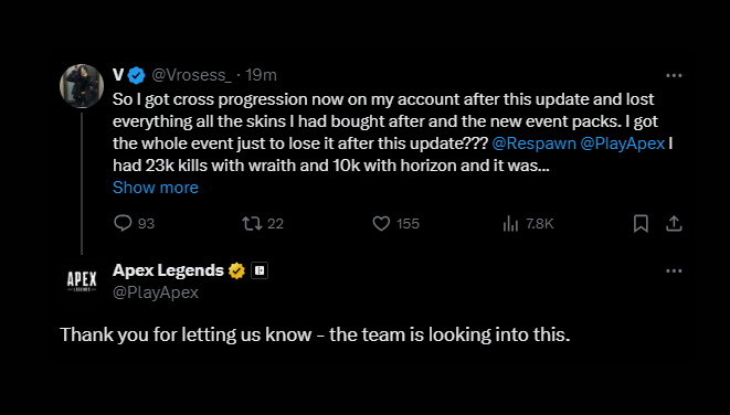 HYPERMYSTx's tweet photo. [Update] Apex is now aware and looking into a fix for Lost Cosmetics & Account Progression!!