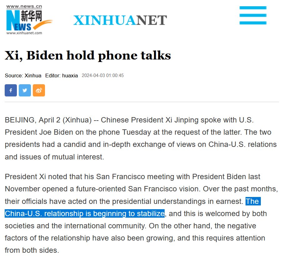 Biden and Xi held a phone call on April 2. General mood seems cordial. US is willing to give China face, and China reciprocates by commending that US-China ties is 'beginning to stabilize' and it's therefore a 'welcome' development. A short thread. 🧵/1