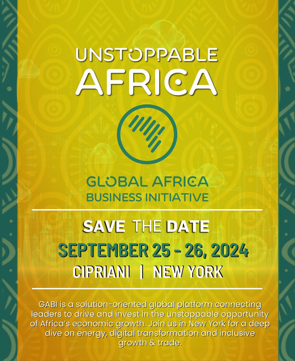 Mark your calendars!📅 Unstoppable Africa 2024 returns to Cipriani’s in New York on 25 and 26 September 2024 on the sidelines of the 79th session of the UN General Assembly. 🗽🌍 Learn More: gabi.unglobalcompact.org/news/global-af… #UnstoppableAfrica #AfricaRising UN @globalcompact