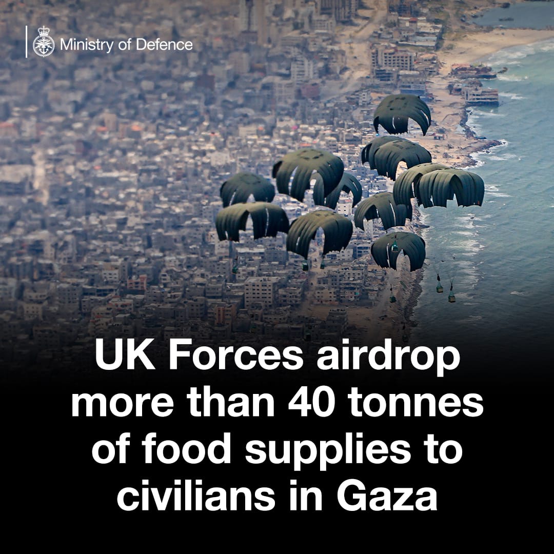 A fifth @RoyalAirForce airdrop of vital humanitarian aid for Gaza took place today, delivering more than 7 tonnes of food supplies. In the last week, 🇬🇧 has airdropped over 40 tonnes of supplies amid an international effort to urgently provide food aid for civilians in Gaza.