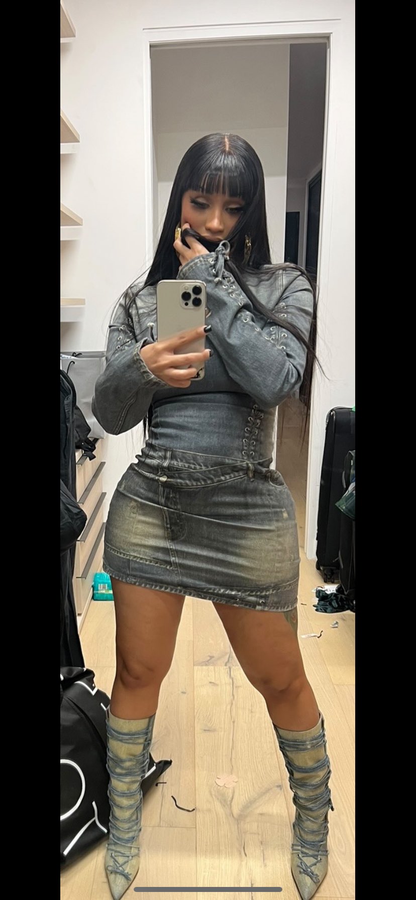 Cardi s Closet on X Cardi B via Instagram Broadcast She wore Acne Studios Blue Trompe L oeil Print Cotton Mini Dress And Acne Studios Blue Lace Up Heel Boots https t Jq7NyIsZX4 X