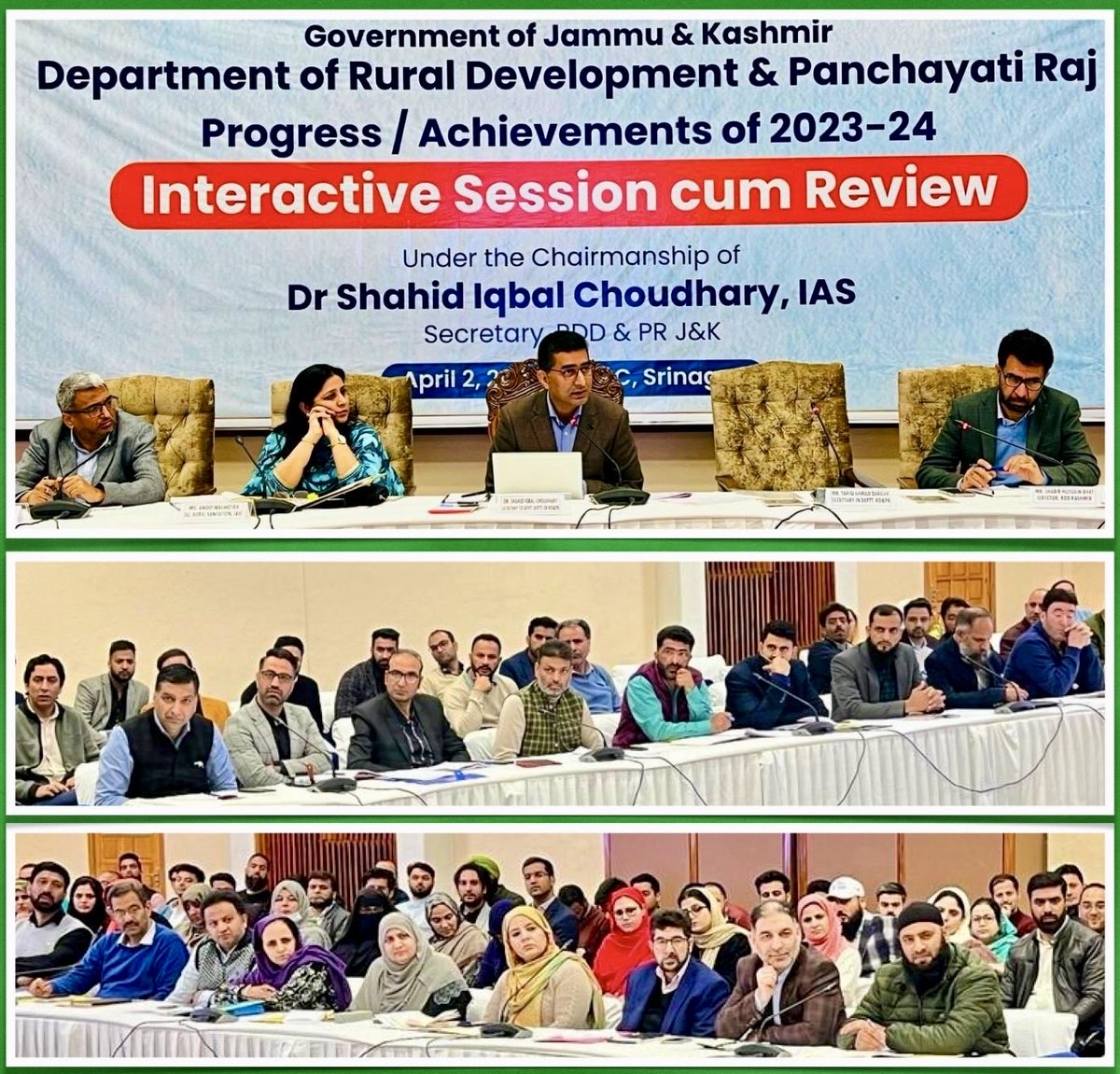 Secretary #RDPR, Dr.Shahid Iqbal Choudhary, leads a comprehensive review of flagship schemes with #ACDs #ACPs, & #BDOs of #Kashmir division at #SKICC. Emphasizing convergence & resource utilization,he stresses collaboration for achieving goals & promoting transparency. Director…
