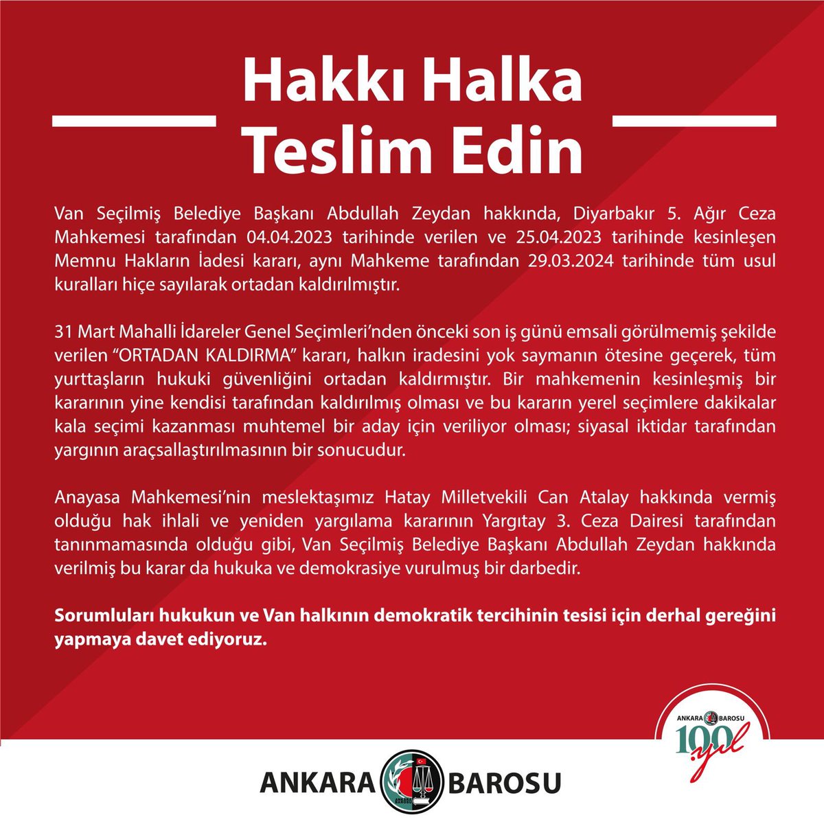 Hakkı Halka Teslim Edin