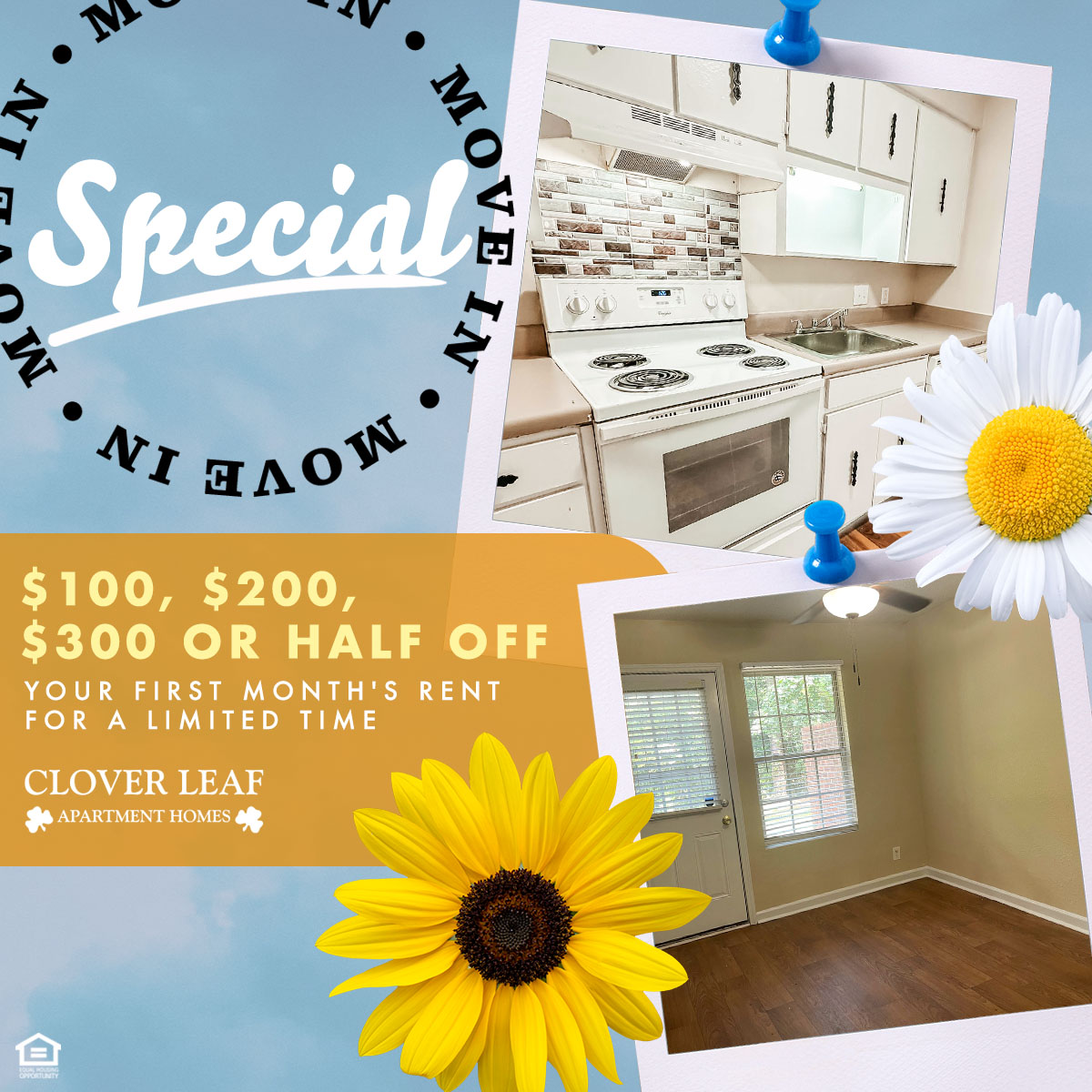 Freshen up your wallet with this move-in special at #CloverLeaf #Apartment Homes in #PhenixCityAL! 🌼💰 📝 For a limited time, when you apply for your next apartment, you can receive $100, $200, $300 or half off your first month’s rent! Apply now at bit.ly/cloverleafapp.