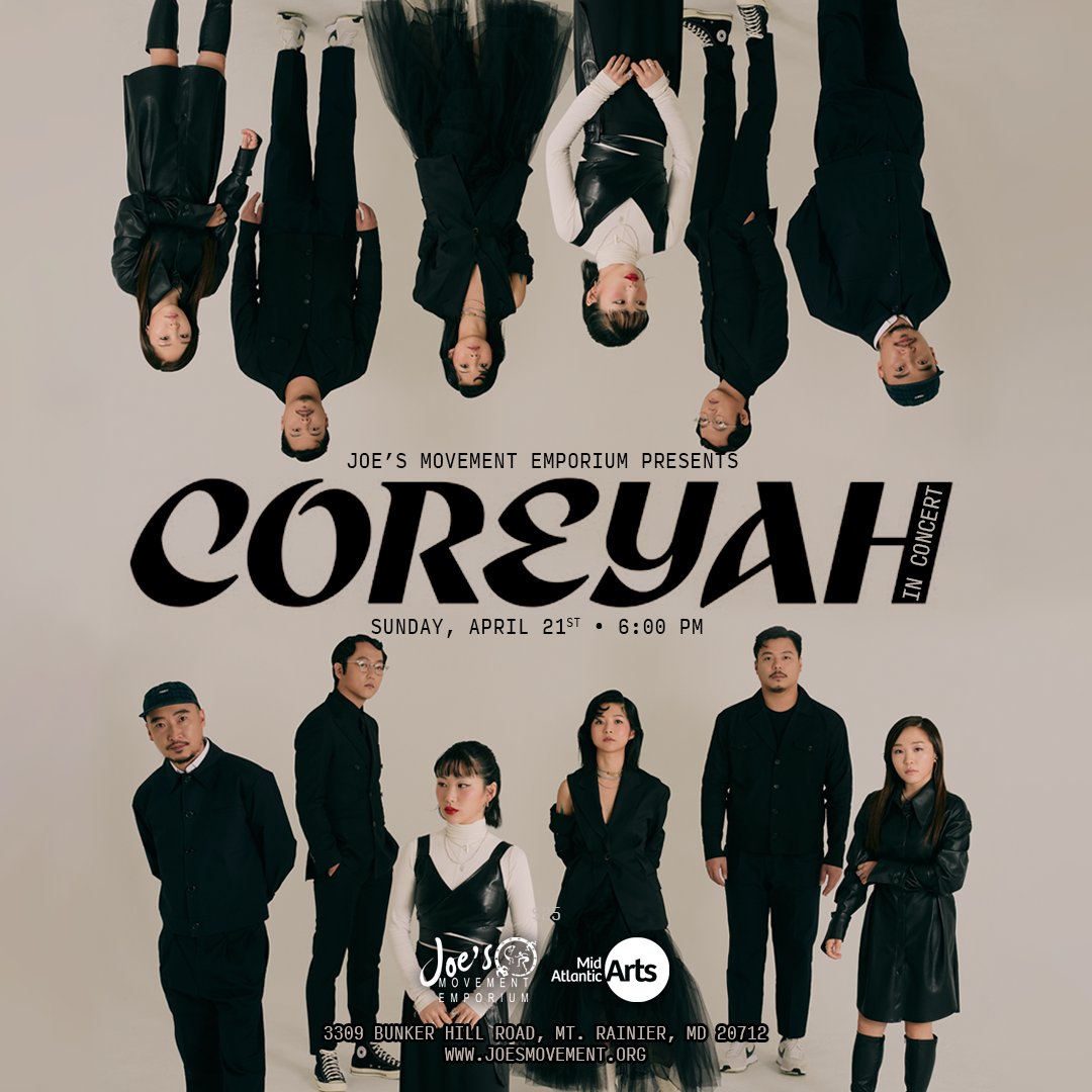 Coreyah, a psychedelic Korean folk music group, is coming to Maryland on Sunday, April 21 6 p.m. to 8 p.m. and will be performing at Joe's Movement Emporium. Get tickets here: joesmovement.org/coreyah