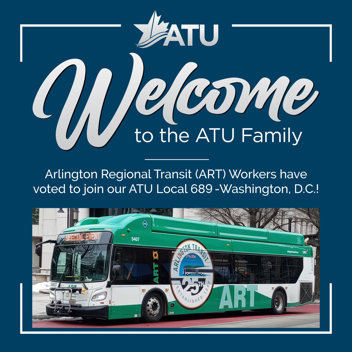 Congratulations to workers at Arlington Regional Transit for joining our Local 689-Washington, DC. Read more at bit.ly/4cDzDtf. #ATUStrongerTogether