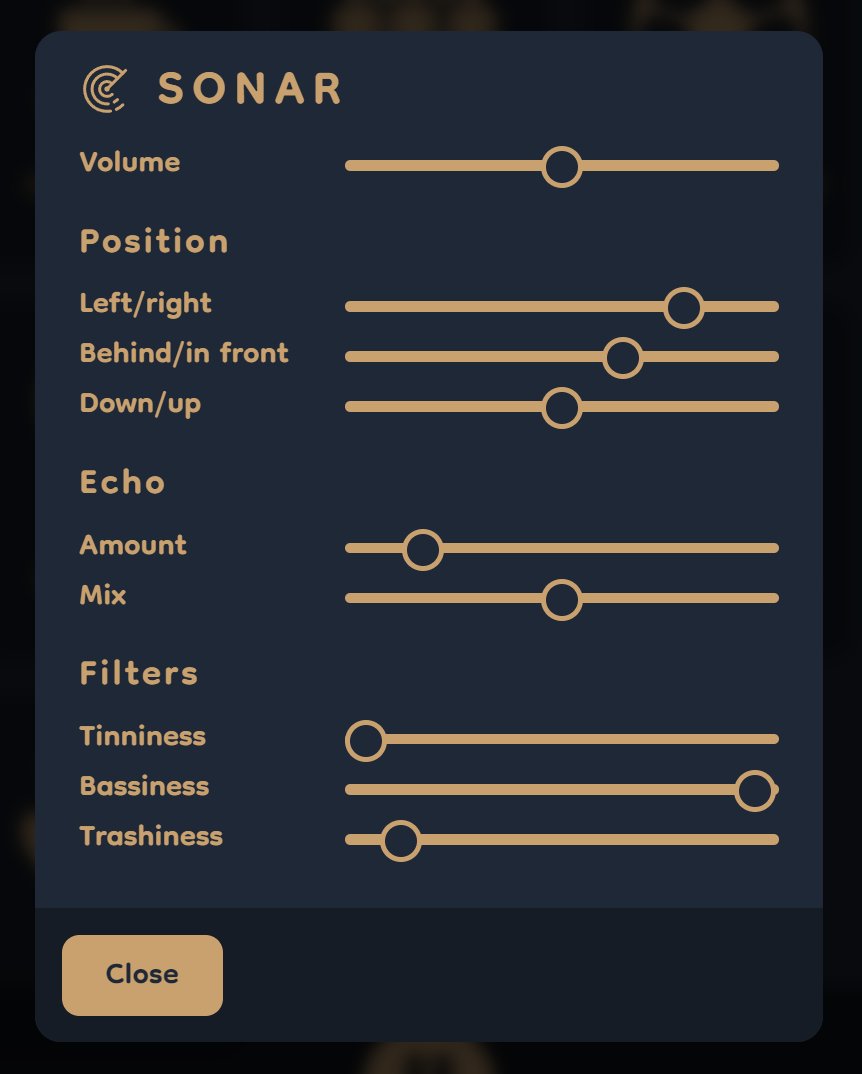 I'm unreasonably excited about this - exciting controls for you to fiddle with coming to ambiph.one soon Position any sound in 3D, dial in echo, and use tinniness/bassiness/trashiness to make it sound like it's coming from someone else's headphones or a nightclub