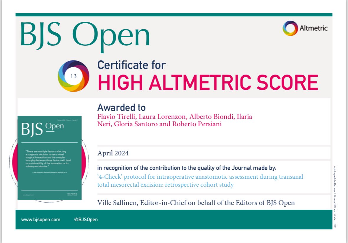 Alberto Biondi (@albertobiondi78) on Twitter photo Proud to receive so much attention for our research article.
doi.org/10.1093/bjsope…
<a href="/PersianiRoberto/">Roberto Persiani</a> <a href="/FlavioTirelli/">Flavio Tirelli</a> <a href="/LauraLorenzonMD/">Laura Lorenzon</a> Ilaria Neri, Gloria Santoro
<a href="/BjsOpen/">BJS Open</a> <a href="/villesallinen/">Ville Sallinen</a> Proud to receive so much attention for our research article.
doi.org/10.1093/bjsope…
<a href="/PersianiRoberto/">Roberto Persiani</a> <a href="/FlavioTirelli/">Flavio Tirelli</a> <a href="/LauraLorenzonMD/">Laura Lorenzon</a> Ilaria Neri, Gloria Santoro
<a href="/BjsOpen/">BJS Open</a> <a href="/villesallinen/">Ville Sallinen</a>