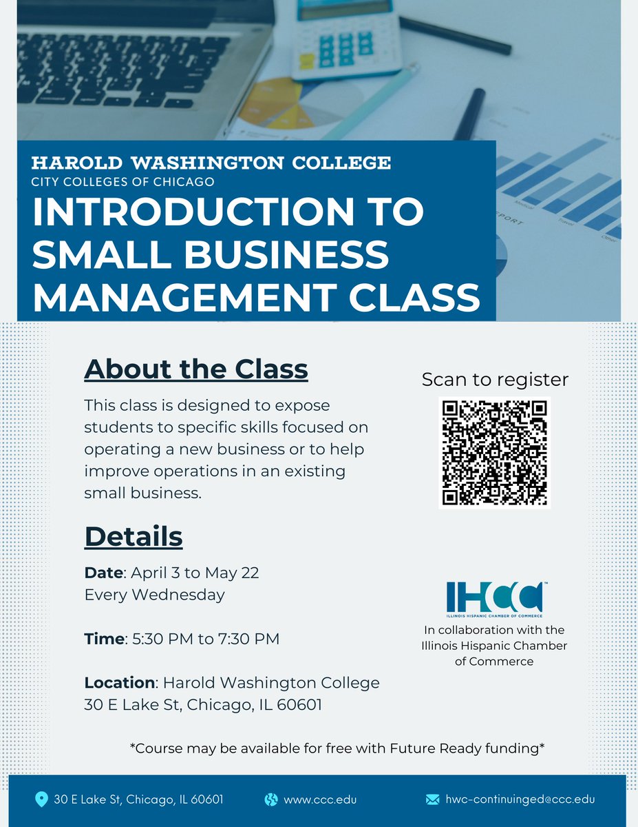 .<a href="/HW_College/">Harold Washington College</a> is starting its Introduction to Small Business Management Class tomorrow! 

This class provides an introduction to applied business management for small business owners, entrepreneurs, and managers. 

Sign up: shorturl.at/yKRTZ