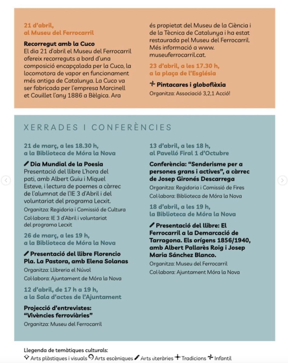 🎭 JORNADES CULTURALS I DE TRADICIONS 

Arriben les Jornades Culturals i de Tradicions a Móra la Nova! 

🗓️ Al llarg del 16 de març fins al 28 d’abril podreu gaudir de tallers, exposicions, concursos, projeccions, festivitats, xerrades, conferències i espectacles.