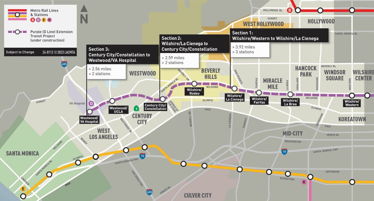 forecast openings: 2025 — Sect 1 (Wilshire/Western-Wilshire/La Cienega) 2026 — Sect 2 (Wilshire/LaCienega-Century City) 2027 — Sect 3 (Century City-Westwood/VA) here’s the map