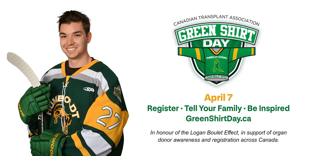 It's @GreenShirtDay, in honour of Logan Boulet, whose selfless decision to register as a donor saved the lives of 6 people & had a profound impact on organ donation awareness. Take the simple step of registering as an organ donor. #LoganBouletEffect SignUpForLife.ca
