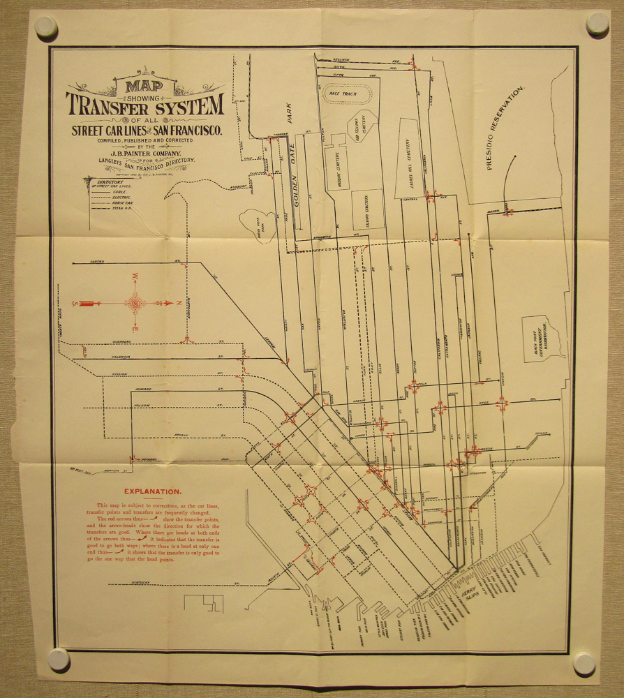 1895 San Francisco transit map I'm not sure if this shows all transit, but it does show a pretty complete picture of the Cable, Horsecar, Steam train and early electric streetcar lines. #sfhistory