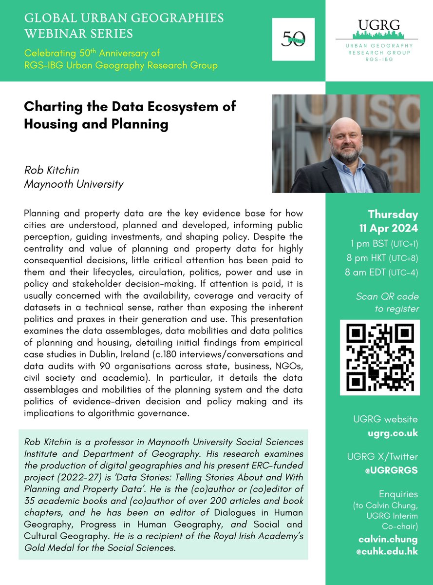 How does politics shape planning and property data that inform our investment and policy? Learn more from our 2nd session of our Global Urban Geographies Webinar Series with Prof @robkitchin @Maynoothgeog! ⏲️Thu 11 Apr 2024, 1 pm UTC+1 👉Sign-up: tinyurl.com/4ecfxwfw