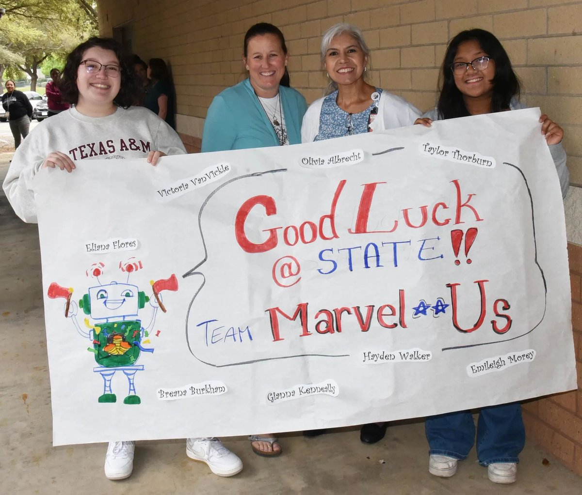 The Stacey student body lined along the walkway on Wednesday to give a warm send-off and wish good luck to the Stacey robotics --Team Marvel-Us. The team competed in the UIL 1A-4A Robotics State Championship Tournament!