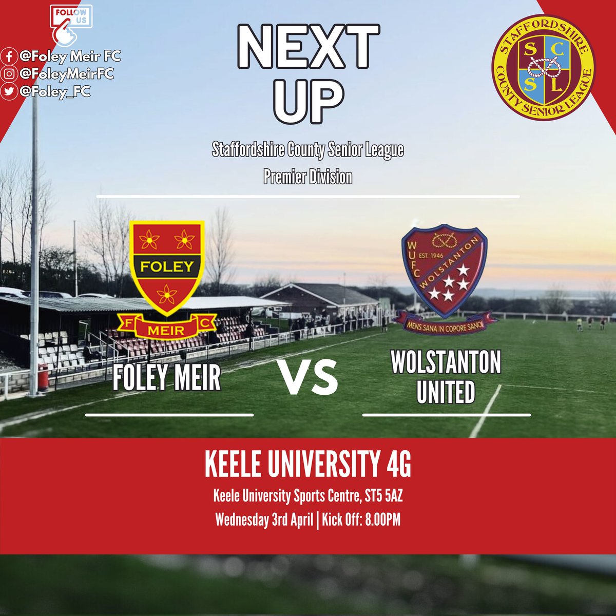 ⚽️TOMORROW⚽️

Please note the change in venue for tomorrow nights game 👇🏽

🏆 Staffordshire County Senior League Premier Division
🆚 <a href="/thestant/">Wolstanton United FC</a>
📆 03/04/2024
🕝 8:00pm KO
🏟 Keele University 4G, ST5 5AZ

Up the Foley

❤🖤