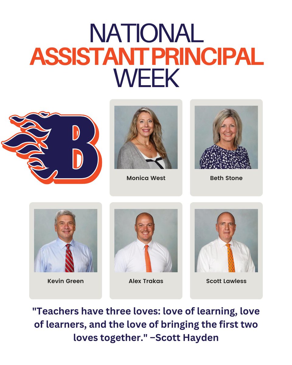 Behind the celebrations across the campus at BHS are these faithful and supportive assistant principals. We are so thankful for their dedication and excellence that inspires our students, faculty, and staff. Go Blaze! 🔥
<a href="/bhs_smith/">Justin Smith</a>
<a href="/MonicaWest22/">Monica West</a>
<a href="/BethStone__/">Beth Stone</a>
<a href="/bhstrakas/">Alexander Trakas</a>
