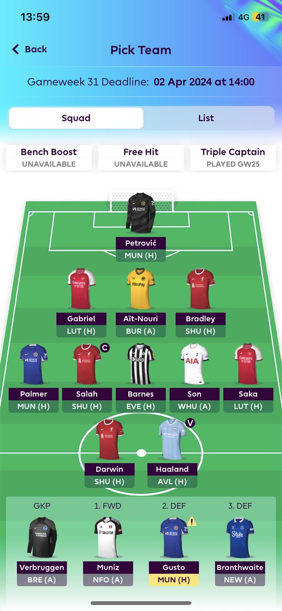 Gw31 WildCard Team 💥 Salah (C) Haaland Vice Would love to hold onto Toney but my low team value couldn’t afford it! Now we pray to the FPL gods that my team looks good for DGw37 🤞🏻🤞🏻