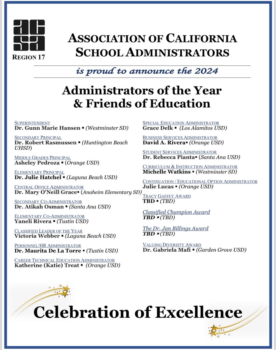 UPDATED: Congratulations to all of our 2024 ACSA Region 17 Administrators of the Year ⭐️Thank you for all that you do for our students around Orange County 💫 @ACSA_info