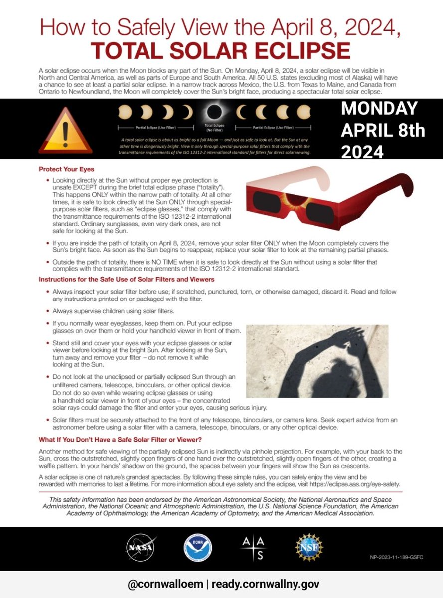 #SolarEclipse Monday April 8th 2pm-4pm. Protect your eyes. Drivers should utilize headlights. Use caution while driving and anticipate driver distraction. For more safety information: science.nasa.gov/resource/2024-… @cornwalloem | ready.cornwallny.gov