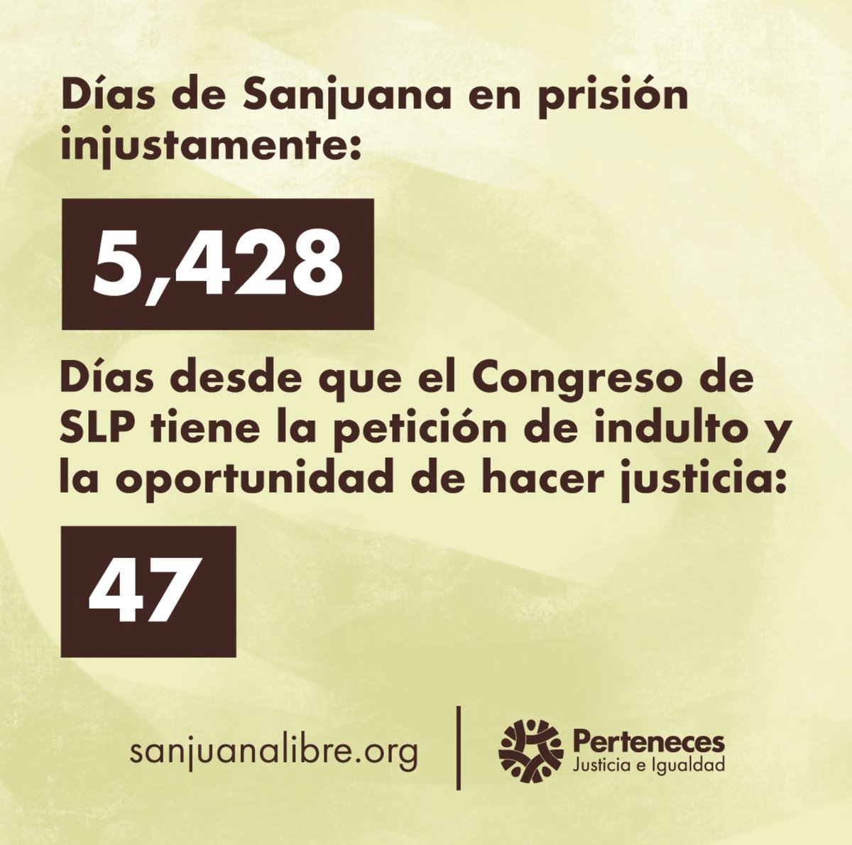 ¡Justicia para Sanjuana! Lleva 5,428 días en prisión por un delito que no cometió. Hace 47 días el 
<a href="/CongresoEdoSLP/">Congreso SLP</a> recibió la petición de indulto y con ello la posibilidad de hacer justicia.  

Ayúdanos firmando y compartiendo la petición  #SanjuanaLibre change.org/LibertadParaSa…
