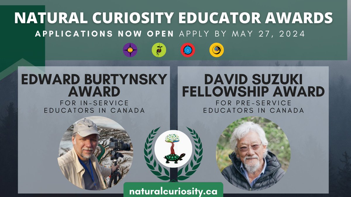 Applications are NOW OPEN for the 2024 Natural Curiosity Educator Awards! More information can be found on our website, linked in our bio 💚 #enviroed #NCawards #NCSuzukiAward #NCBurtynskyAward #EdwardBurtynsky #DavidSuzuki #outdooreducation