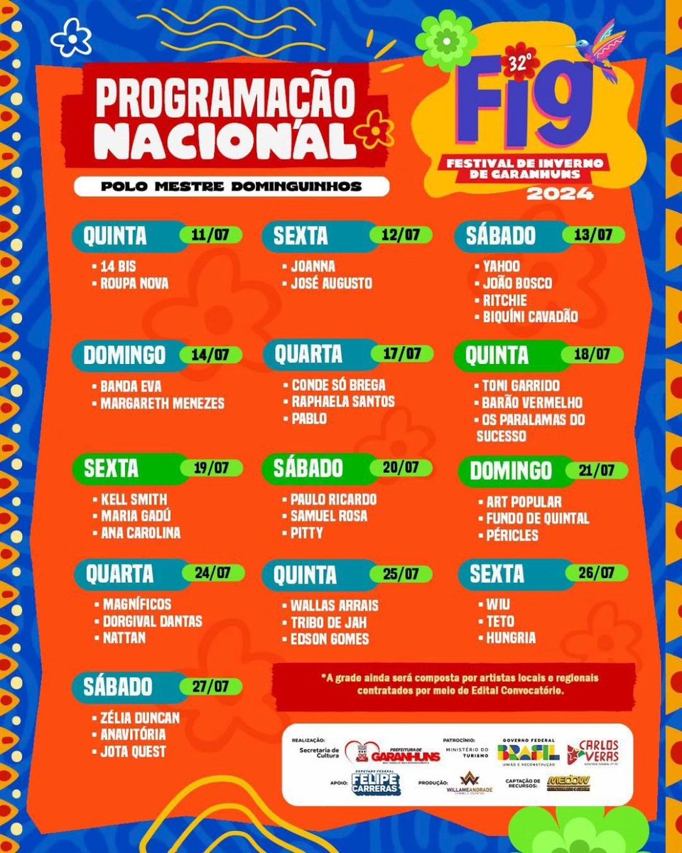 VeCGaranhuns's tweet photo. Governo Municipal de Garanhuns anuncia programação nacional do Palco Principal do FIG 2024; confira. https://t.co/8PgCM8aXOo https://t.co/BiwlitTfnR
