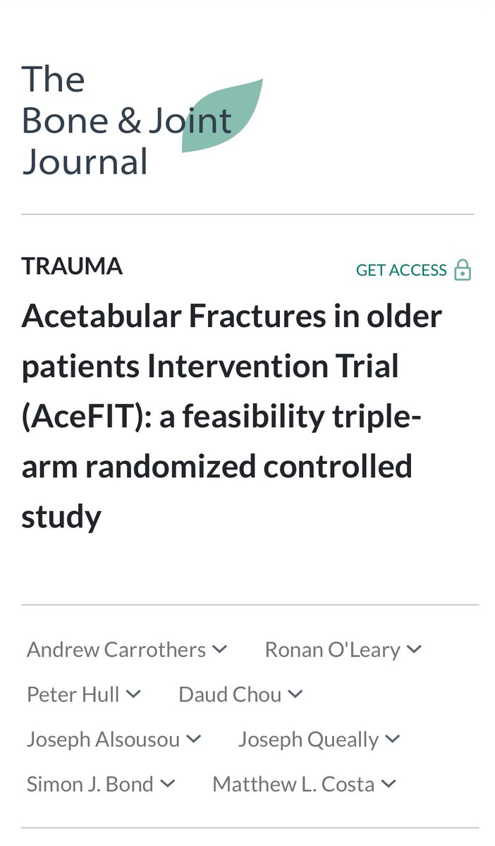 Proud to have been part of the team to publish the AceFIT trial. #acetabulum fracture #trauma #injury Thank you @andrewcarrother for the opportunity and for persevering to complete the study. Thanks to @NIHRcommunity @NIHRresearch and all collaborators and trial team Ronan