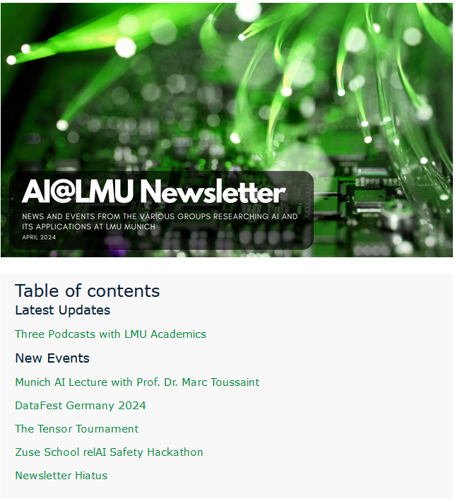 The April edition of our AI@LMU Newsletter has appeared: ai-news.lmu.de/archive/April2…. Check out the exciting news of our thriving AI-HUB@LMU, the interdisciplinary platform @LMU_Muenchen for #research, #teaching, and #transfer in #AI and #DataScience. @baiosphere_AI, @MunichCenterML