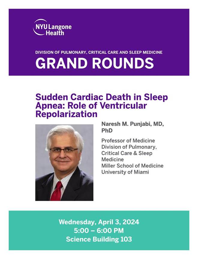 Tomorrow for Pulmonary Grand Rounds we're thrilled to Welcome Dr. Naresh Punjabi from @umiamimedicine to discuss sudden cardiac death in #sleepapnea and the role of ventricular repolarization #OSA #Sleepmedicine #PCCM #Meded