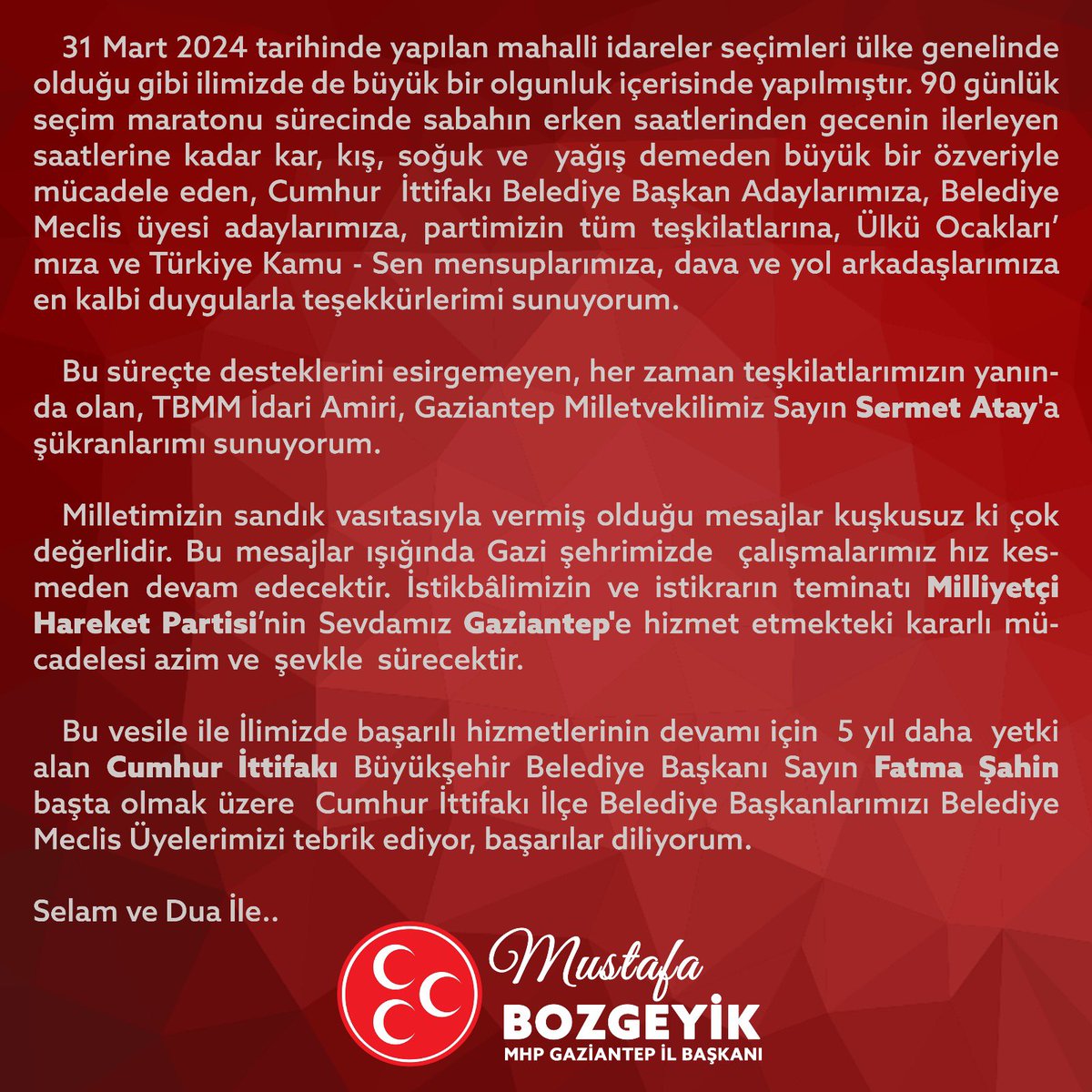İl Başkanımız Mustafa Bozgeyik’in, 31 Mart Mahalli İdareler Seçimlerinin Sonuçlarıyla ilgili yapmış oldukları yazılı açıklaması. @MBozgeyiktr @SermetAtay