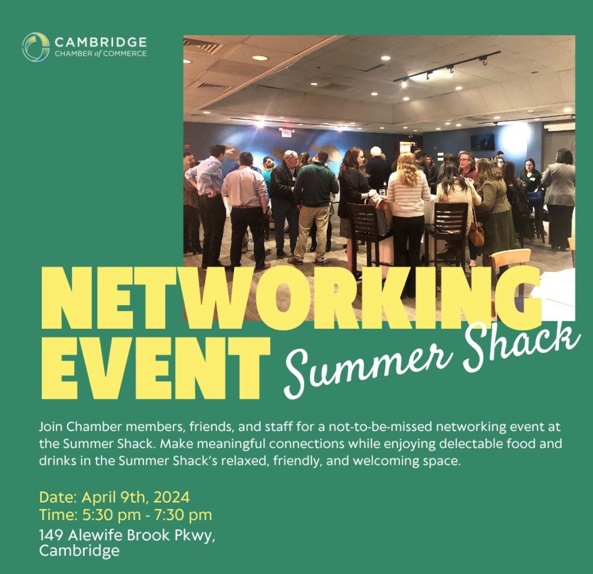 One week until our after work networking event at Summer Shack! Link to register:business.cambridgechamber.org/events/details… #summershack #cambridge #networking