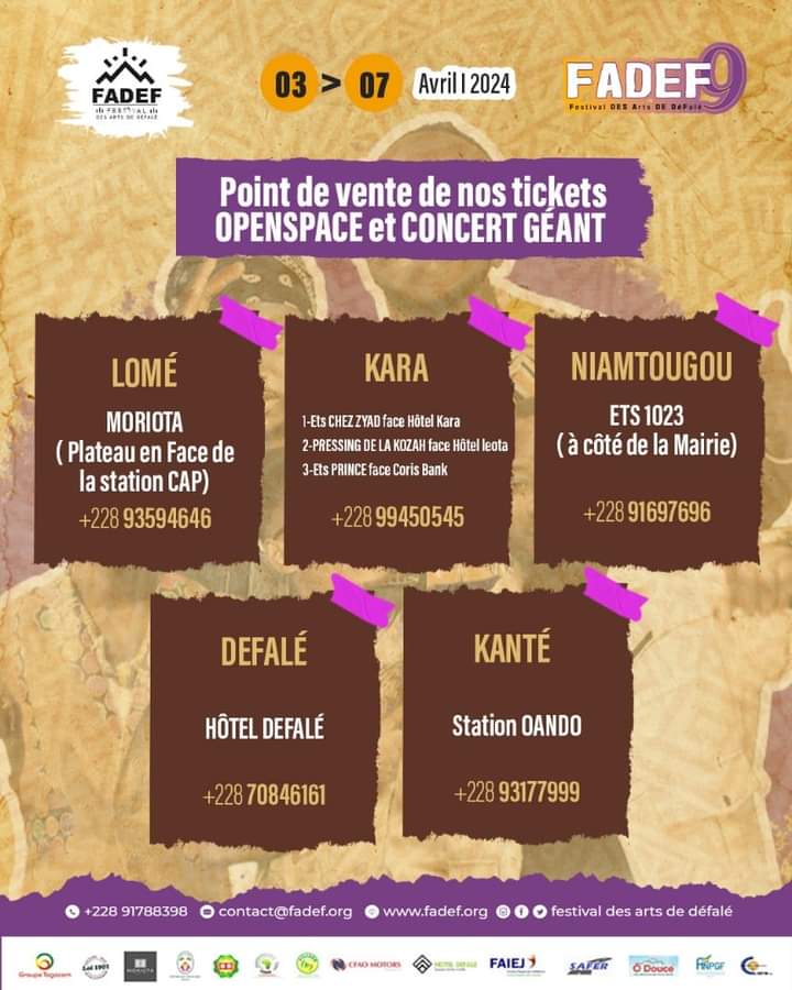 zeusreas's tweet image. Offrez-vous votre ticket du CONCERT GÉANT et de L'OPENSPACE dans vos points de ventes habituels selon votre localité !!!

Festival des Arts de Défalé , Édition 09 ✔️

#TicketsDisponible #OpenSpace #ConcertGéant #Lomé #Kara #Niamtougou #Défalé #Kanté #Togo