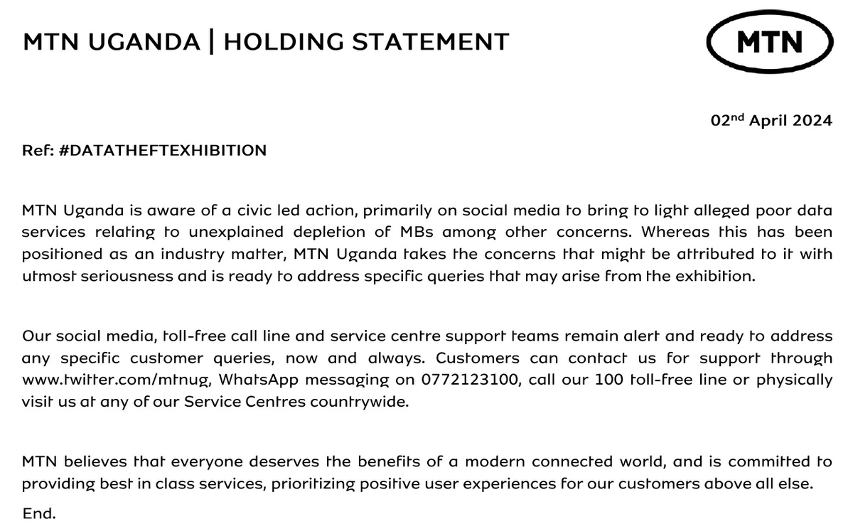 mtnug's tweet photo. MTN Uganda Holding Statement regarding #Datatheftexhibition. 
@ucc_official | @UCC_ED https://t.co/JtTXsz5akb