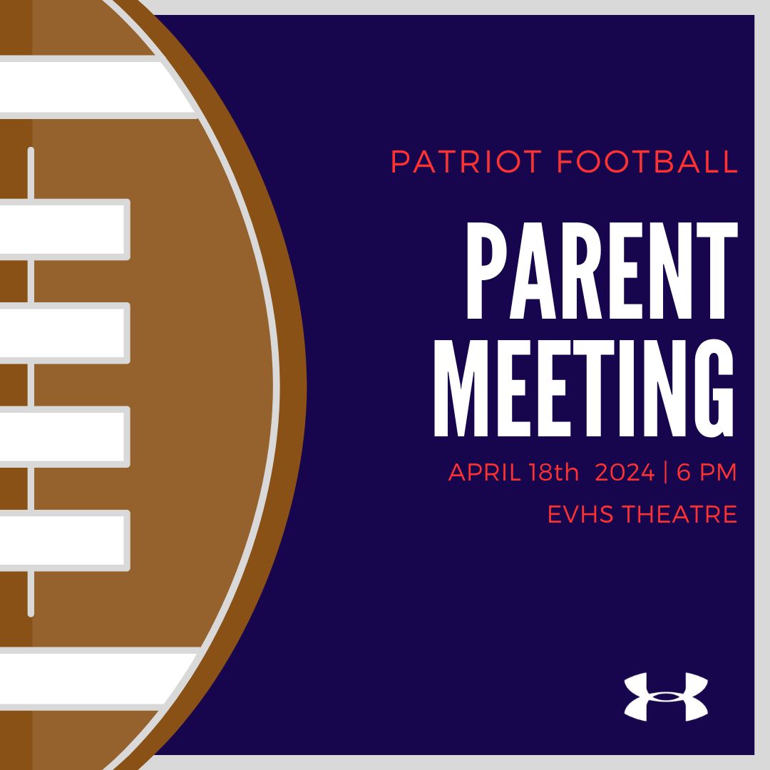EV Football Parent Meeting, April 18th Reminder: Booster club meeting Tuesday April 9th 6:00pm, Field House. @EVFBBoosters @EastViewHS
