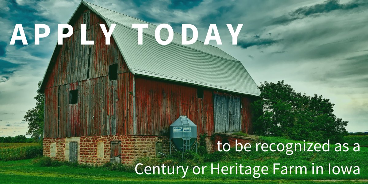 Generational Farm Families! If your farm has been in your family for 100 years or longer and you're interested in having it recognized as a century (100) or heritage (150) farm this summer - applications are due June 1. Details and application at iowaagriculture.gov/century-and-he…