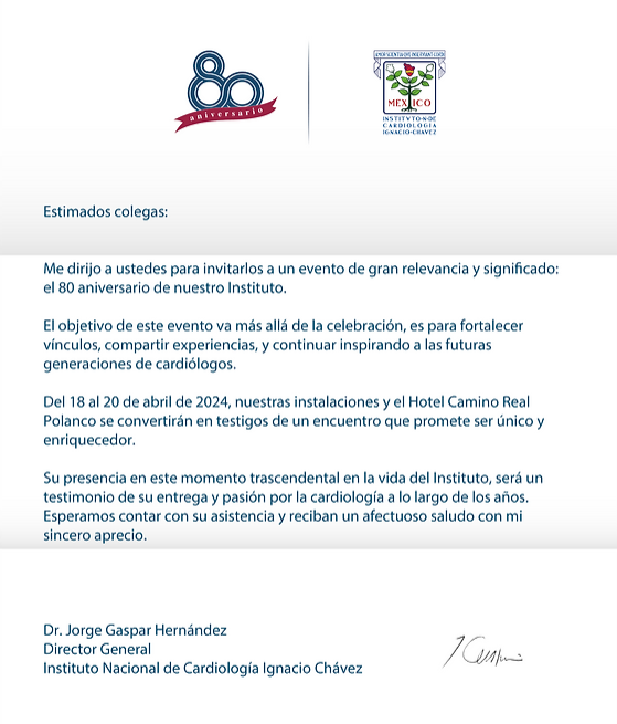 Ochenta Años de Excelencia en Cardiología.

Se les hace la cordial invitación a los 80 años de Nuestro Instituto Nacional de Cardiología Ignacio Chávez.

inc80.com

Registrense y sean parte de nuestro aniversario.
🫀