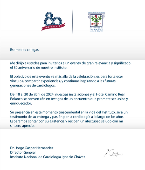 Ochenta Años de Excelencia en Cardiología. Se les hace la cordial invitación a los 80 años de Nuestro Instituto Nacional de Cardiología Ignacio Chávez. inc80.com Registrense y sean parte de nuestro aniversario. 🫀