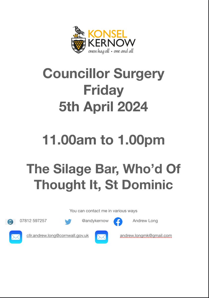 This Friday morning I am holding another <a href="/MebyonKernow/">The Party for Cornwall</a> <a href="/CornwallCouncil/">@cornwallcouncil</a> Surgery at the Who’d have Thought It at St Dominic from 11am to 12pm in the silage bar