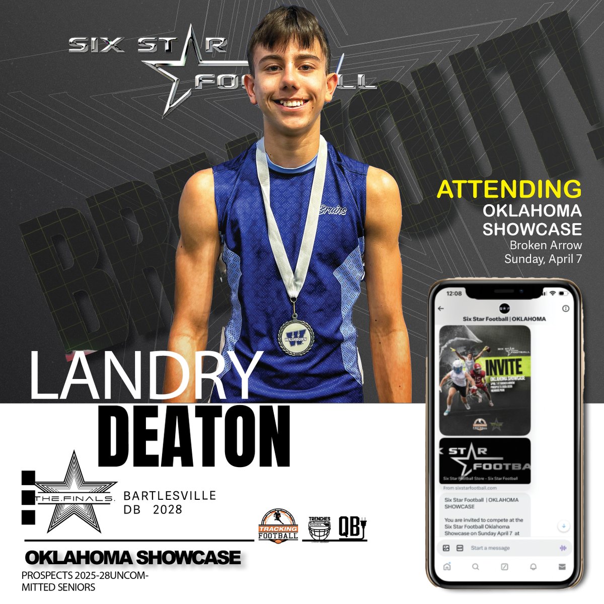 OKLAHOMA SHOWCASE  |  Landry Deaton

5’9  |  DB   |  2028  | Bartlesvillel (OK)  |  @landrydeaton15

⭐ Excited to announce rising prospect Landry Deaton will be attending the Oklahoma Showcase!

📆April 7
📍Broken Arrow

sixstarfootball.com/six-star-footb…