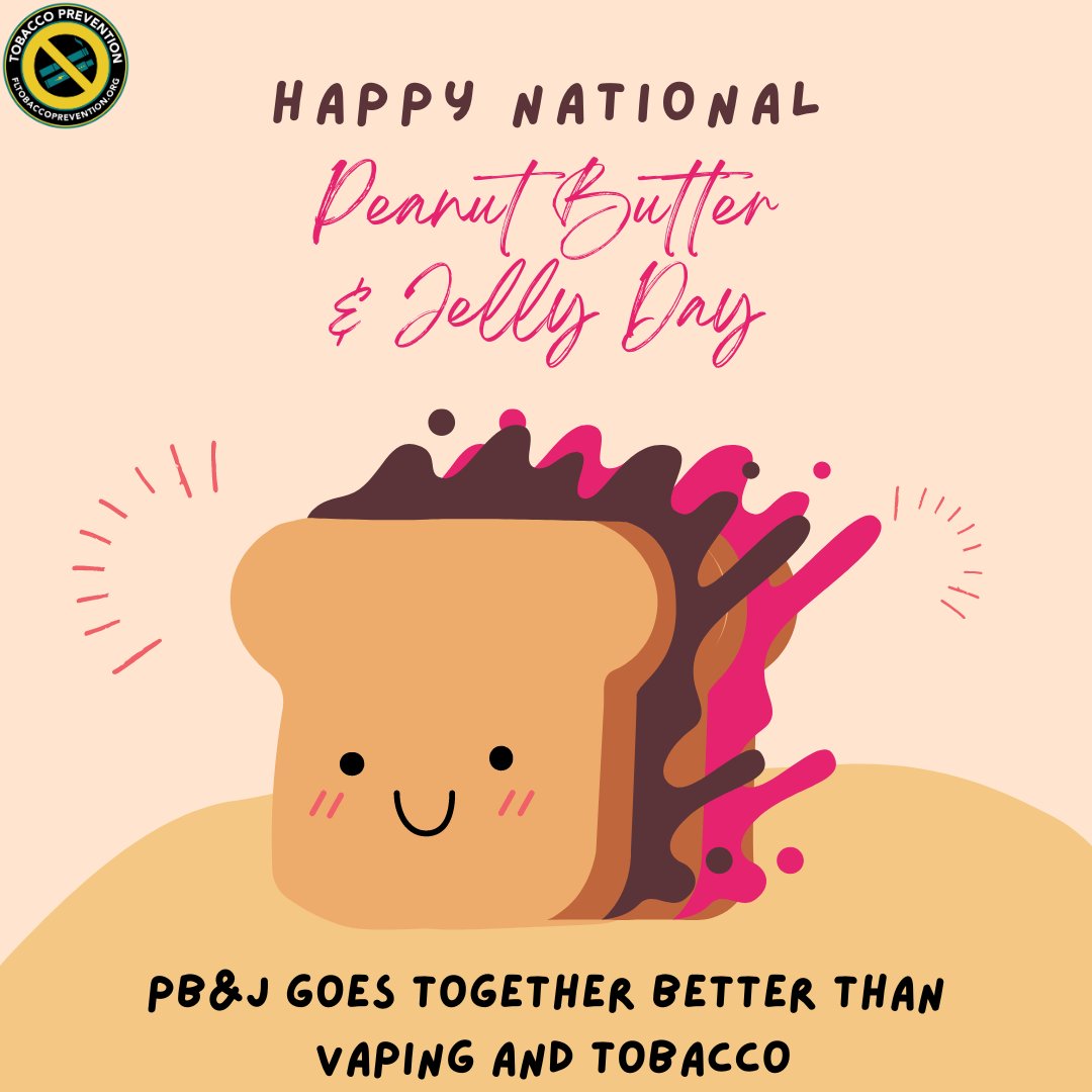 Happy National Peanut Butter and Jelly Day! Unlike PB&amp;J, tobacco, and vaping don't mix well. We're always here to remind you to choose a healthier combo for your lungs and your life. 🥜🍇🫁💪
#TobaccoPreventionProgram
#BeVapeFree
#NationalPeanutButterAndJellyDay