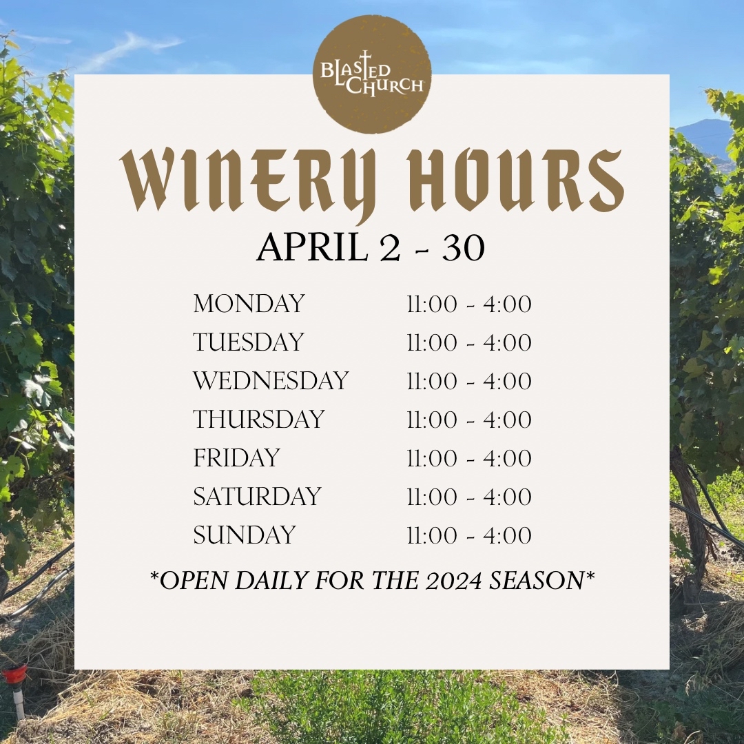 BlastedChurch's tweet photo. Heavenly hours for a heavenly month!
We are Now Open daily for tastings - join us in #WineCountry , we're just outside #OkanaganFalls overlooking Skaha Lake. #bcwine #okanagan #explorebcwine #explorebc
https://t.co/p7bmOxYxTB https://t.co/kKMXyGYx5h