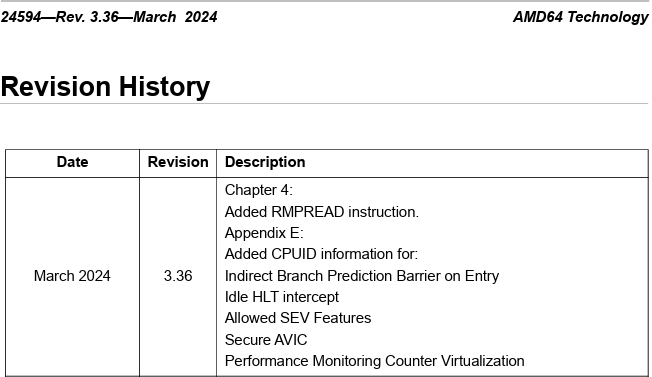 InstLatX64's tweet photo. #AMD refreshed the "AMD64 Architecture Programmer's Manual, Volumes 3 General-Purpose and System Instructions" 24594 pdf to v3.36 with #RMPREAD instruction:
https://t.co/zWognryySj https://t.co/PLPqsYNOr2