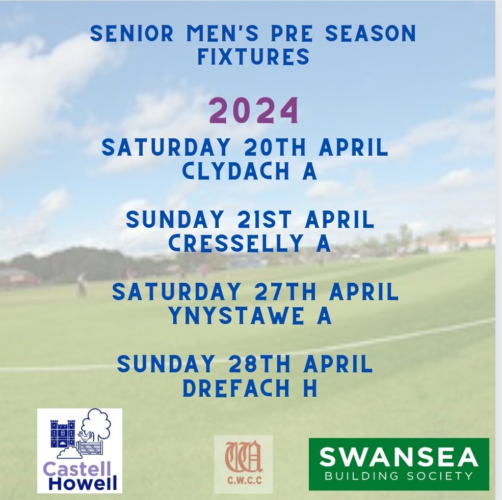 Our Senior men's pre season fixtures are as follows @ClydachCC @CressellyCC @ynystawe_ycc @DrefachCC