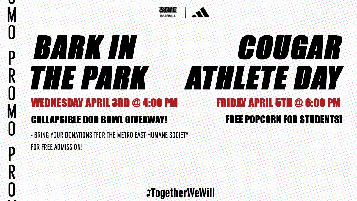 SIUEBaseball's tweet photo. 𝐁𝐀𝐂𝐊 𝐀𝐓 𝐇𝐎𝐌𝐄 𝐓𝐇𝐈𝐒 𝐖𝐄𝐄𝐊 🫵
Come support your Cougars this week, full of giveaways for everyone! 

#togetherwewill #siuebaseball https://t.co/LTTUK1vIqj