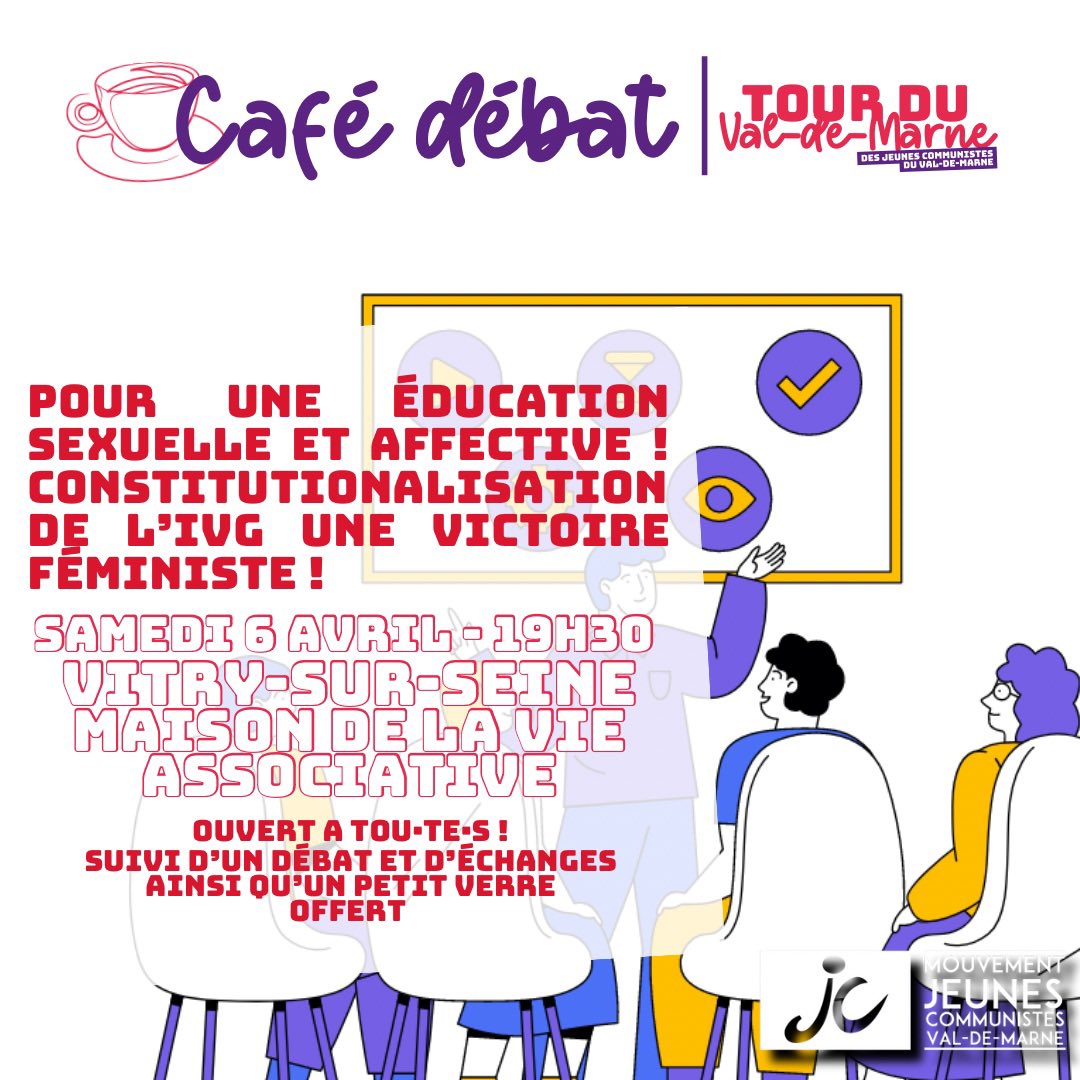 ☕️📢 Café débat à #Vitry-sur-Seine ! Rejoignez-nous ce samedi à 19h30 à la Maison de la vie associative pour discuter de l'éducation sexuelle et affective, et de la constitutionalisation de l'IVG - une victoire féministe à célébrer ensemble ! #ÉducationSexuelle #IVG