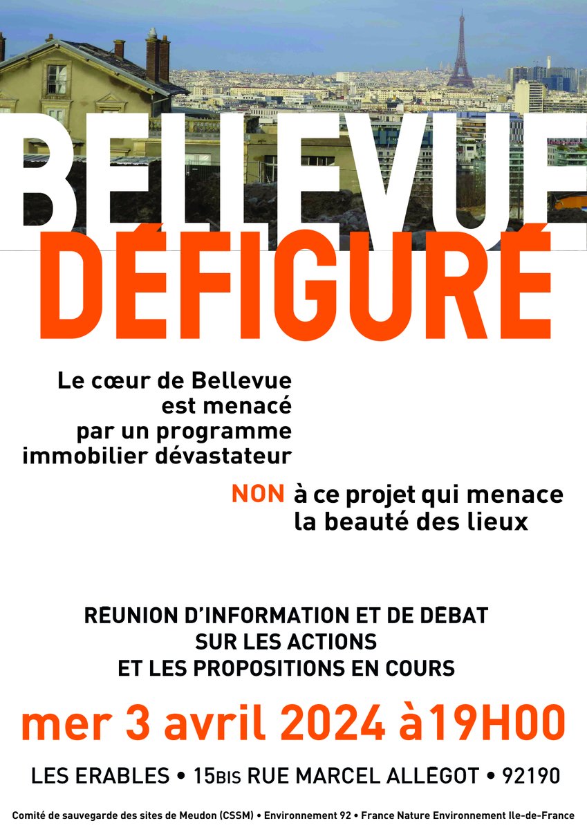 Demain, réunion publique organisée par le CSSM  sur le projet immobilier dévastateur qui va défigurer Bellevue @VilledeMeudon, un contre projet sera présenté, 3  avril à 19h aux Erables, 15bis rue M. Allégot. Soutenu par @SPPEF @FneIDF @leparisien_92 @actufr92