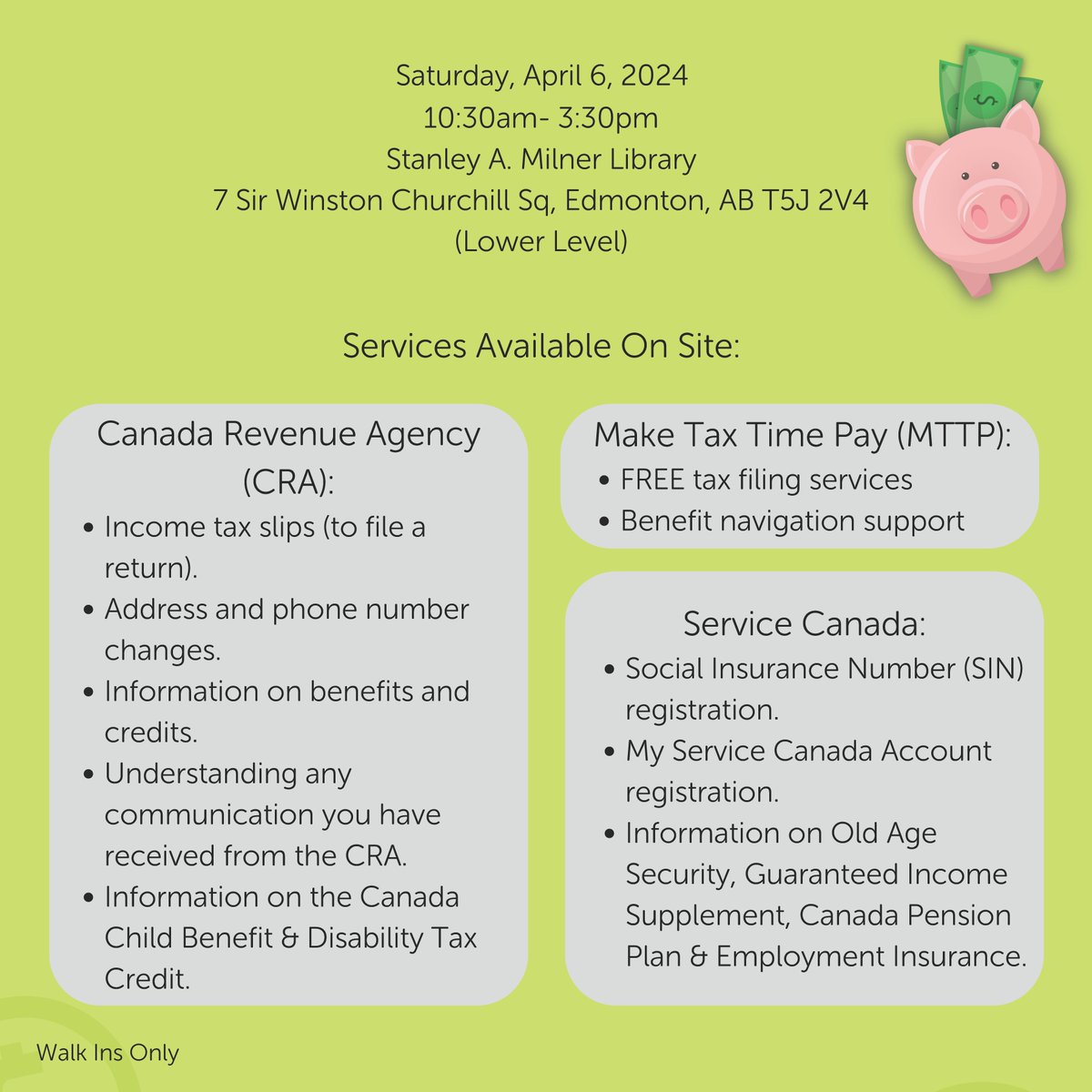 THIS SATURDAY! Our friends at e4c are holding a COMMUNITY CONNECT: FINANCIAL RESOURCE SUPER CLINIC at the Stanley A. Milner Library from 10:30 am to 3:30 pm. WALK-INS ONLY! See image for available services. Thank YOU! #yeg #edmonton #yegfoodbank #feedyeg @e4cAlberta @EPLdotCA